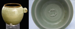 Northern Sung Longquan celadon, bird feeder with bronze rim and dish with two fishes denoting harmonious marriage - courtesy R&G McPherson Antiques